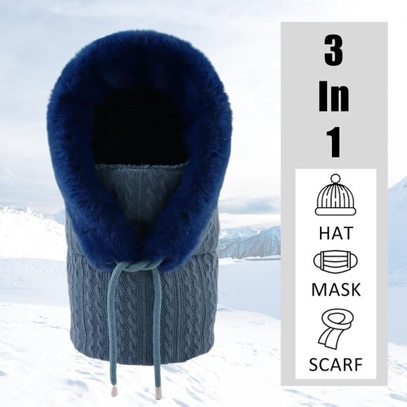 Women Navy Polyester Warm Thick Fluff Beanie Adult Neck Face Winter Balaclava - Picture 4 of 7